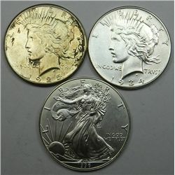 Peace Dollar Pair & Silver Eagle Lot.