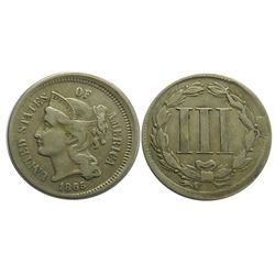 Error Three Cents Nickel, 1865, 10% off-center, VF-EF.