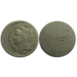 Error Three Cents Nickel, 1866, 20-25% off-center, Fine/Fair details.