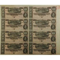 Confederate Currency Very Rare CSA 8 Subject $10.00 Sheet, Sereis of 1864, T-64, Unc