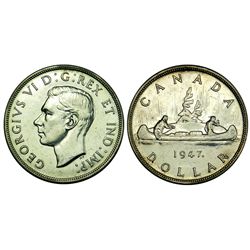 Canada Silver Dollar, 1947 Maple Leaf. Reflective AU-Unc, lt old hairlines.