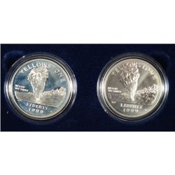 1999 YELLOWSTONE 2 COIN COMMEMORATIVE SET CONTAINS 2 SILVER DOLLARS 1 PR, 1 BU