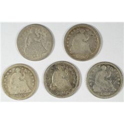 5 DIFFERENT SEATED HALF DIMES (51-O, 52, 53, 54, 58-O) GOOD