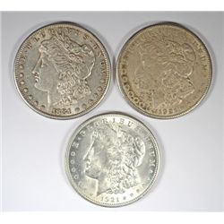 3 MORGAN DOLLARS ALL NICE AU/BU 1921, 21-S, 1881-S