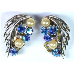 Signed Lisner Blue Rhinestone and Faux Pearl Earrings