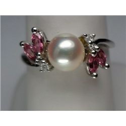 14kt White Gold Pearl and Pink Tourmaline Ring