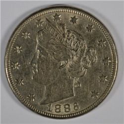 1886 LIBERTY "V" NICKEL, AU-50, VERY RARE IN THIS GRADE