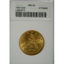 1907 $10.00 LIBERTY GOLD, ANACS MS-63