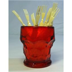 Red Glass Cigarette Urn/Toothpick Holder w/ Plastic Cocktail Forks