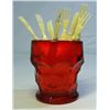 Image 1 : Red Glass Cigarette Urn/Toothpick Holder w/ Plastic Cocktail Forks