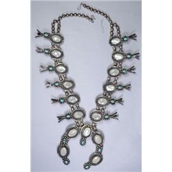 Vintage Sterling Silver Mother Of Pearl and Turquoise Squash Blossom Necklace