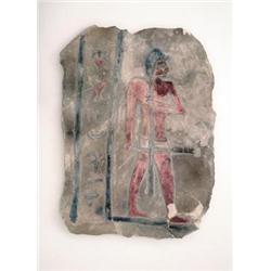 An Egyptian limestone rectangular relief fragment decorated with a red painted male figure and ve...