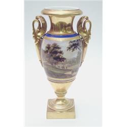 A 19th century French porcelain vase with Empire style gilded swan neck handles, and painted with...