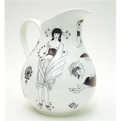 A Poole Beardsley Collection jug printed with stylised figures and ostrich plumes in black, 9ins...