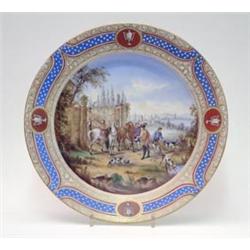 A late 19th century Vienna porcelain plate painted with a named scene 'Aufbruch zur Fagd' after W...