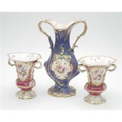 A Victorian bone china 2-handled vase, floral painted against a blue ground, 11ins and a pair of...