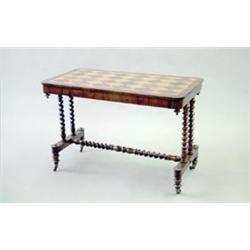 A William IV rosewood centre table with chequer inlaid rounded rectangular top, on spiral twist u...