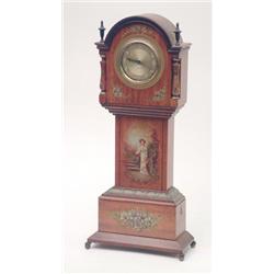 A late 19th century satinwood miniature longcase clock with painted decoration and timepiece move...