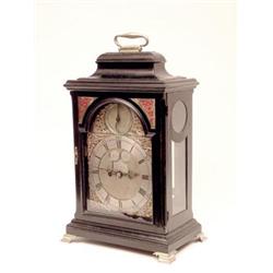 A George II ebonised bracket clock by Thomas Pepys, London, arched brass dial with silvered chapt...