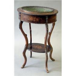 A late 19th century French oval floral marquetry 2 tier mahogany jardiniere, on cabriole legs, 1f...