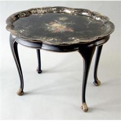 A Victorian oval floral painted and mother of pearl papier mache tray on later black painted gilt...