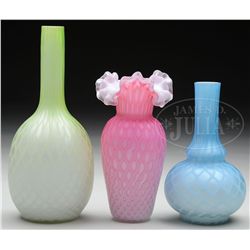 THREE SATIN GLASS VASES.