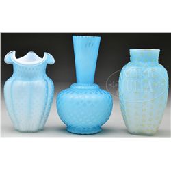 THREE SATIN GLASS VASES.