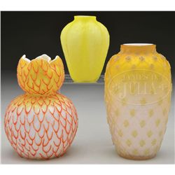THREE SATIN GLASS VASES.