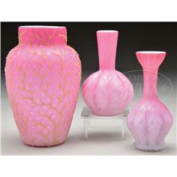 THREE SATIN GLASS VASES.
