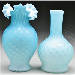 TWO BLUE SATIN GLASS VASES.