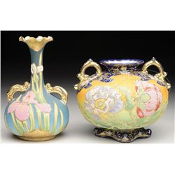 TWO NIPPON ERA CORALINE VASES.