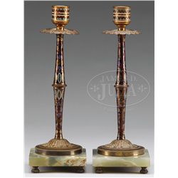 PAIR OF VICTORIAN FRENCH CHAMPLEVE & ONYX CANDLESTICKS.