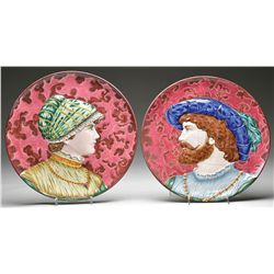 TWO SARREGUEMINES MAJOLICA CHARGERS.