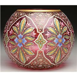 MOSER DECORATED CRANBERRY VASE.