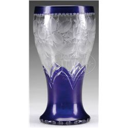 COBALT CUT TO CLEAR SIGNED MOSER VASE.