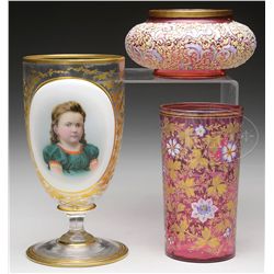 THREE MOSER ART GLASS ITEMS.