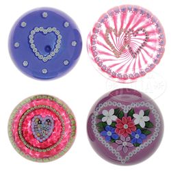 FOUR HEART SHAPED PAPERWEIGHTS.