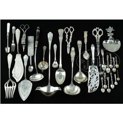 THIRTY-SIX ASSORTED SILVER PLATED AND COIN SILVER ITEMS.