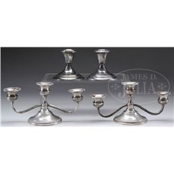 PAIR OF STERLING CANDELABRAS WITH PAIR OF SILVER PLATED CANDLESTICKS.