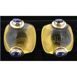 14KT QUARTZ & BLUE SAPPHIRE EARRINGS.