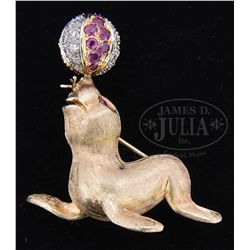 14KT DIAMOND & RUBY SEAL PIN.