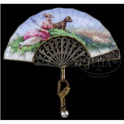 LOVELY ENAMEL SCENIC FAN SHAPED PIN.