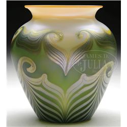QUEZAL DECORATED ART GLASS VASE.