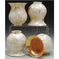 FOUR STEUBEN DECORATED ART GLASS SHADES.