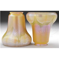 TWO QUEZAL ART GLASS SHADES.