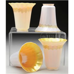 FOUR QUEZAL ART GLASS SHADES.