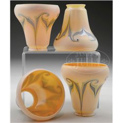 FOUR QUEZAL ART GLASS SHADES.