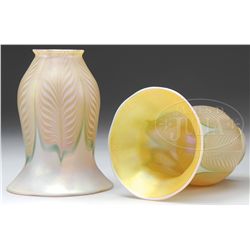 PAIR OF QUEZAL DECORATED ART GLASS SHADES.