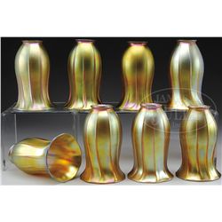 EIGHT QUEZAL ART GLASS SHADES.