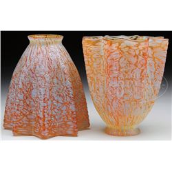 TWO AUSTRIAN DECORATED ART GLASS SHADES.